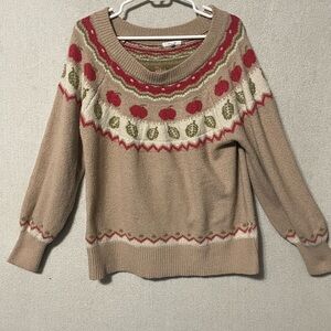 Maurices Tan Sweater with Red and Green Patterns